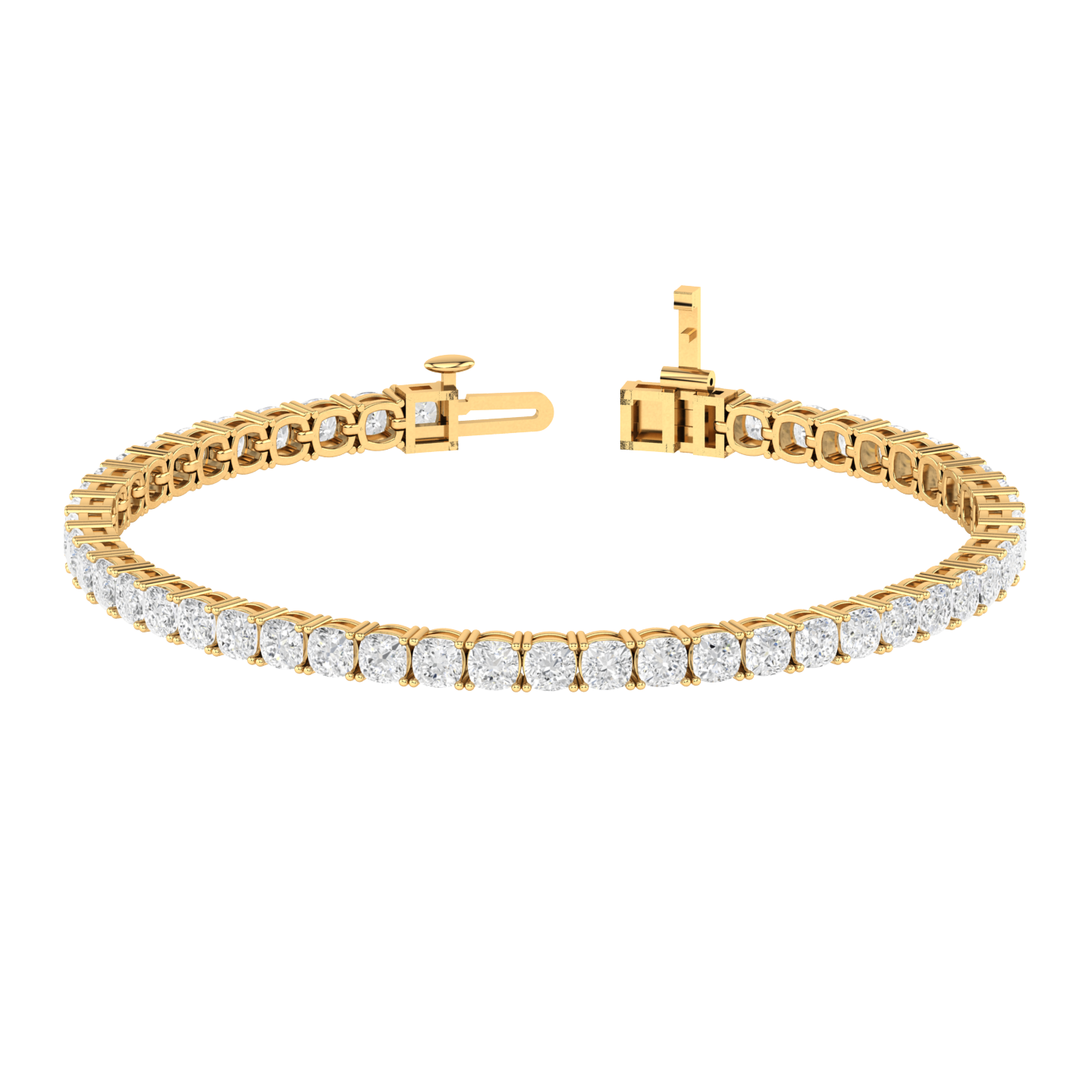 yellow gold tennis line bracelet with cushion cut shaped ethical & sustainable lab grown diamonds set using prongs