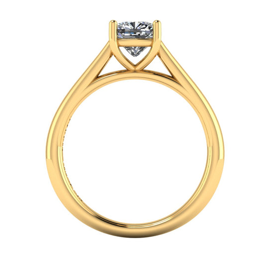flat view of a yellow gold single solitaire engagement ring featuring a cushion cut lab grown diamond in a cathedral setting with 4 claws