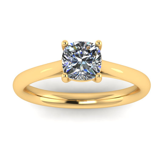 front view of a yellow gold single solitaire engagement ring featuring a cushion cut lab grown diamond in a cathedral setting with 4 claws