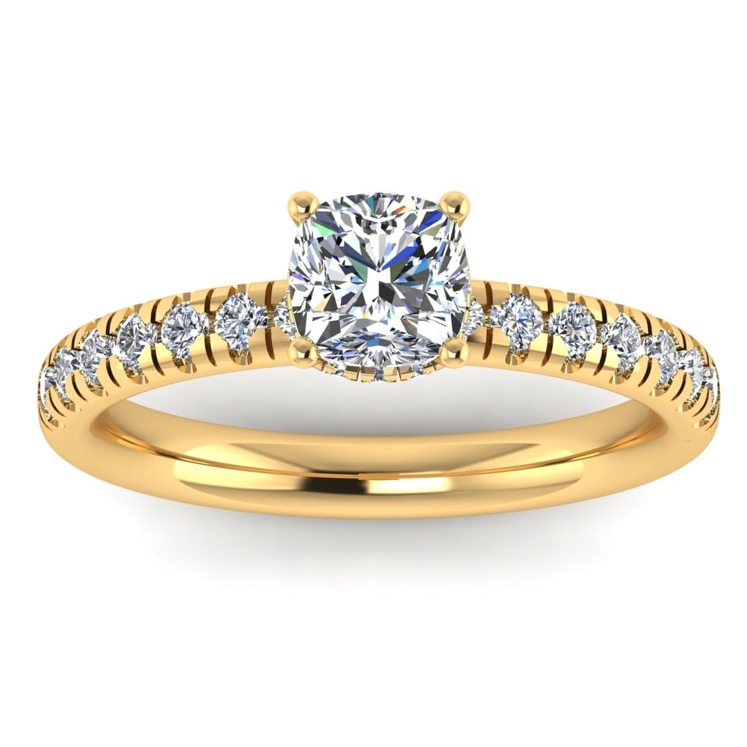 front view of a yellow gold cushion cut lab grown diamond engagement ring with pavé shoulders and a hidden halo