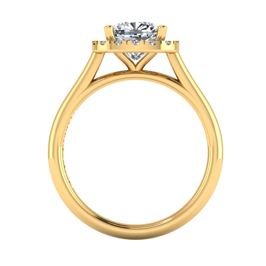 flat view of a yellow gold cushion cut lab grown diamond engagement ring framed by a sparkling halo