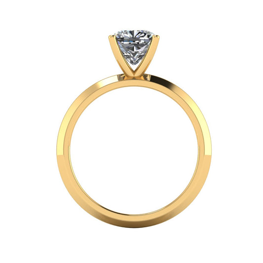 flat view of yellow gold engagement ring featuring a cushion cut lab grown diamond in a floating setting with 4 claws