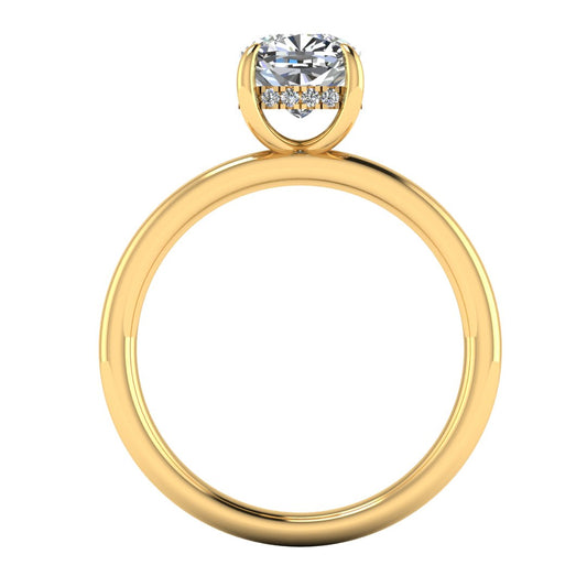 flat view of a yellow gold engagement ring featuring a cushion cut lab grown diamond with a hidden halo in a solitaire design