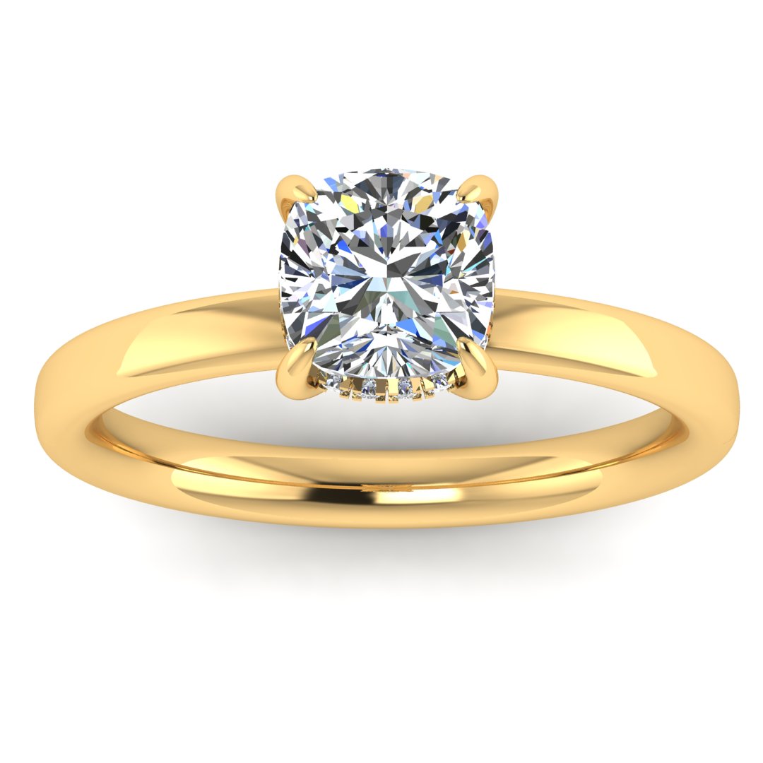 front view of a yellow gold engagement ring featuring a cushion cut lab grown diamond with a hidden halo in a solitaire design