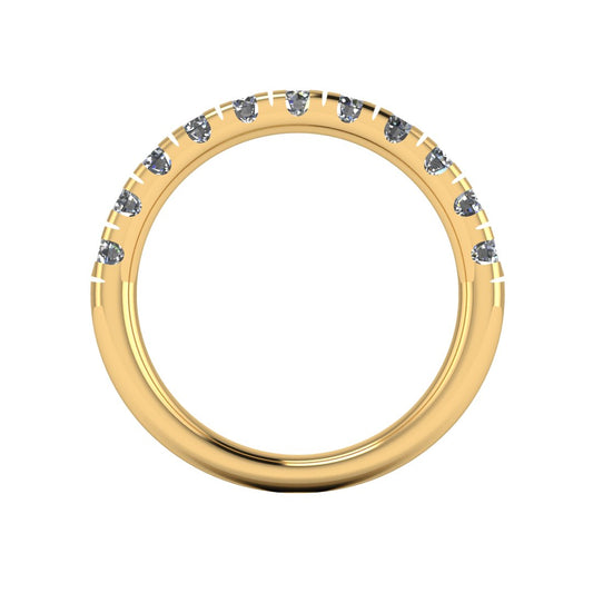 Flat view of a yellow gold wedding band eternity ring with half micro-set round lab grown diamonds which fit most engagement rings