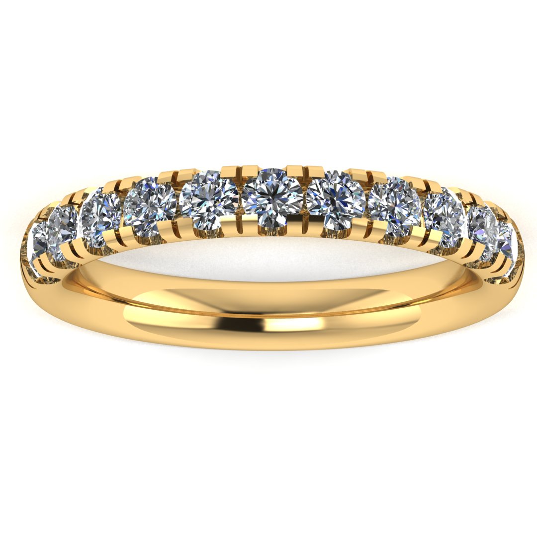 front view of a yellow gold wedding band eternity ring with half micro-set round lab grown diamonds which fit most engagement rings