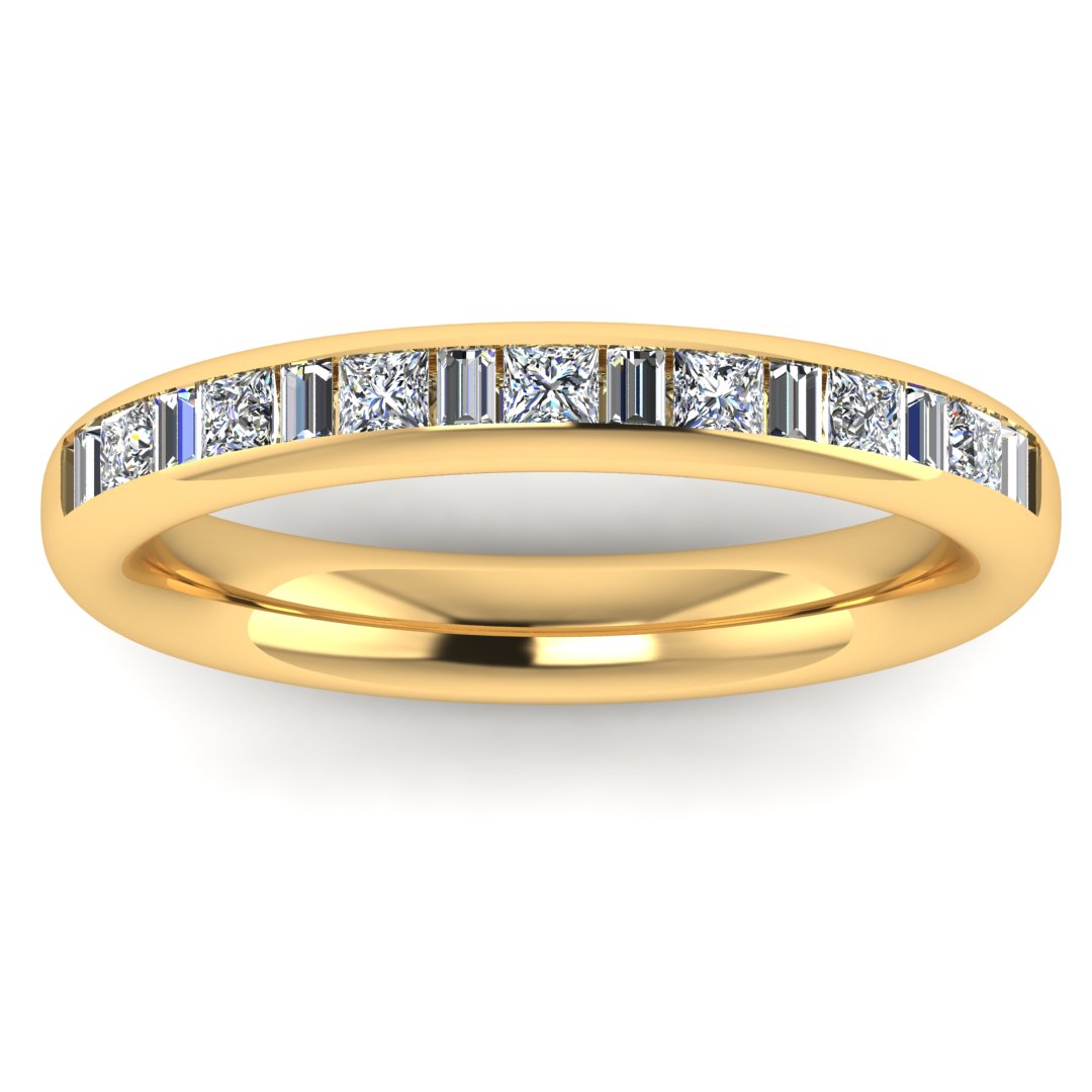 front view of a yellow gold wedding band with princess and baguette lab-grown diamond in a channel set design