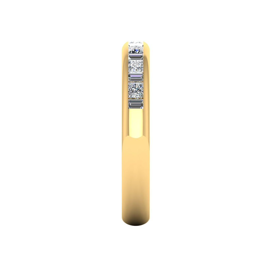side view of a yellow gold wedding band with princess and baguette lab-grown diamond in a channel set design