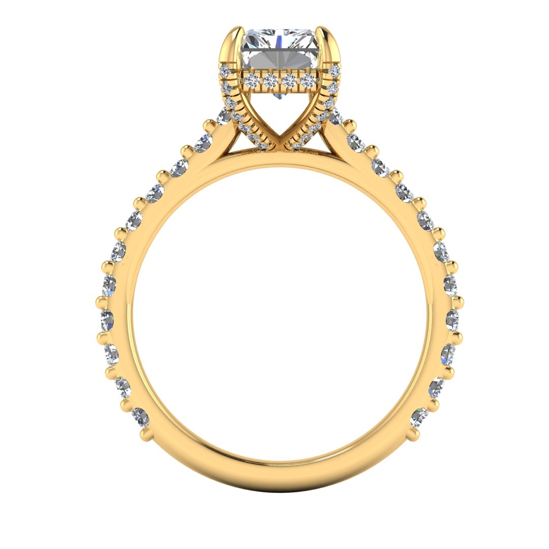 flat view of Ellie yellow gold engagement ring which has a central emerald cut lab grown diamond, elegant under-halo, pavé-set shoulders, and delicate diamonds on the prongs for extra sparkle