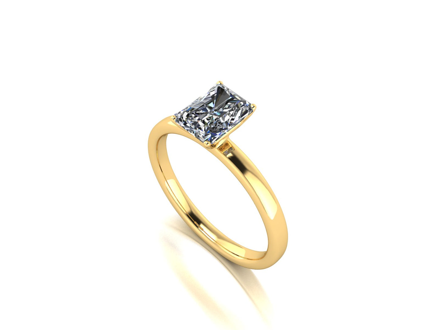 angled view of yellow gold engagement ring with an emerald cut lab grown diamond as the centre stone in a floating setting