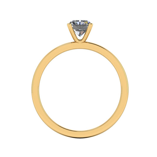 flat view of yellow gold engagement ring with an emerald cut lab grown diamond as the centre stone in a floating setting