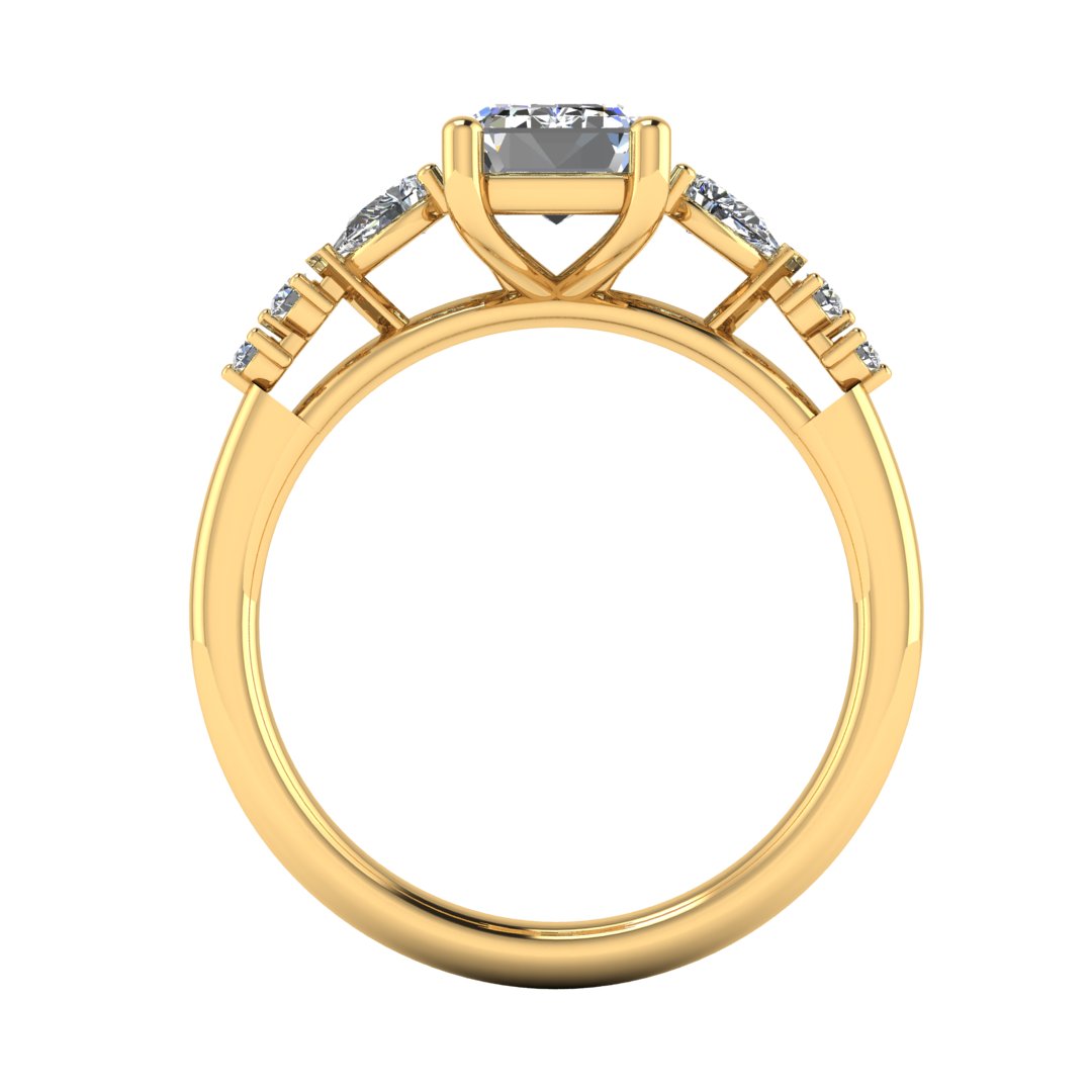 flat view of yellow gold engagement ring. There is a emerald cut centre lab grown diamond with an arrangement of pear shaped and round diamonds on each side