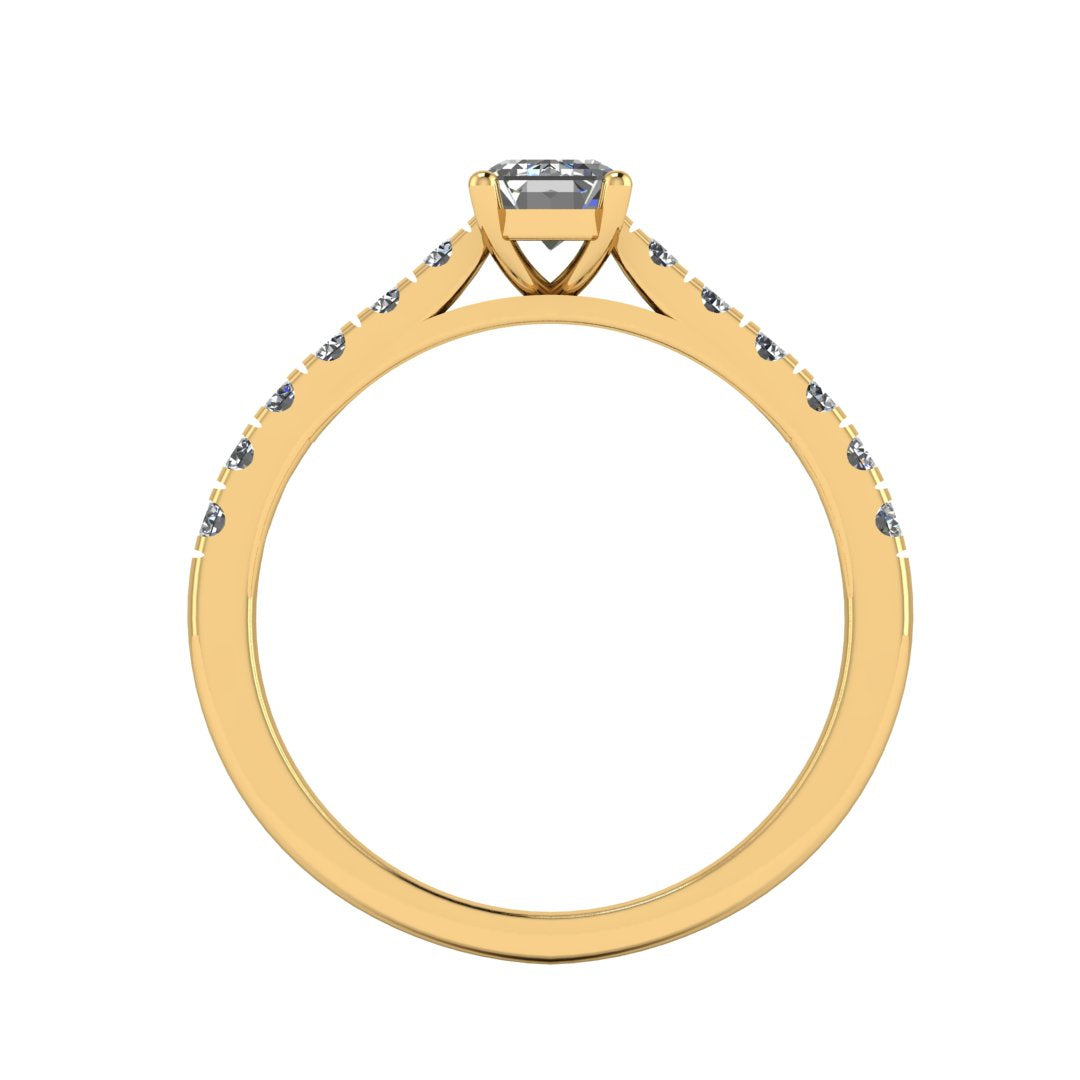 flat view of a yellow gold engagement ring with an emerald cut lab-grown diamond as the centre stone with pavé-set diamond shoulders