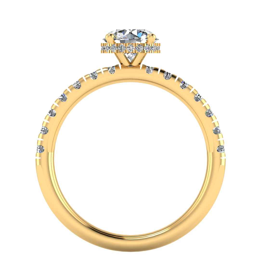 Flat view in yellow gold of Emma lab grown engagement ring with round brilliant, side shoulders and under halo