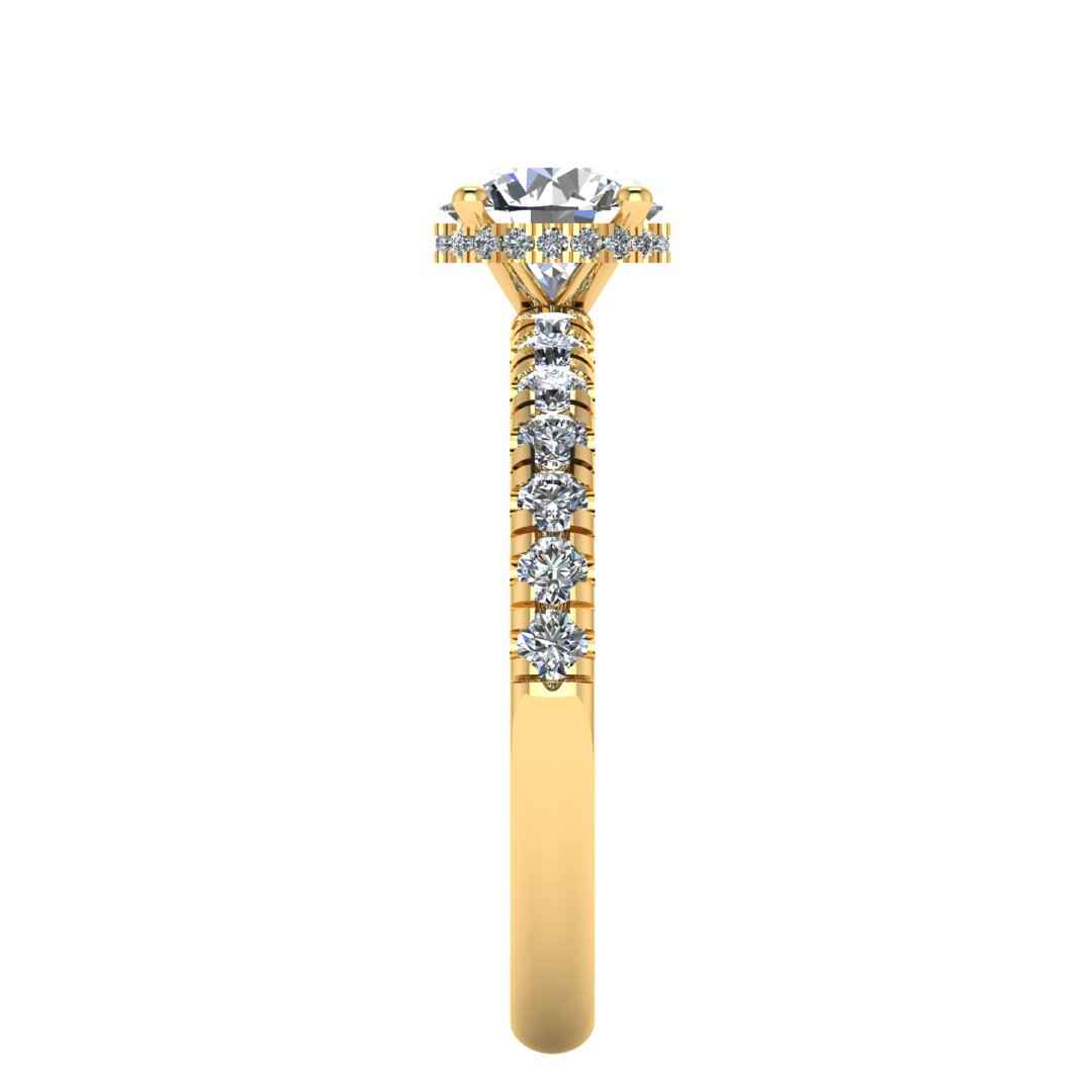 Side view in yellow gold of Emma lab grown engagement ring with round brilliant, side shoulders and under halo