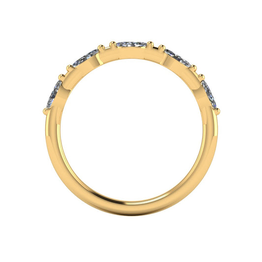 flat view of a yellow gold station set wedding band with marquise lab grown diamonds