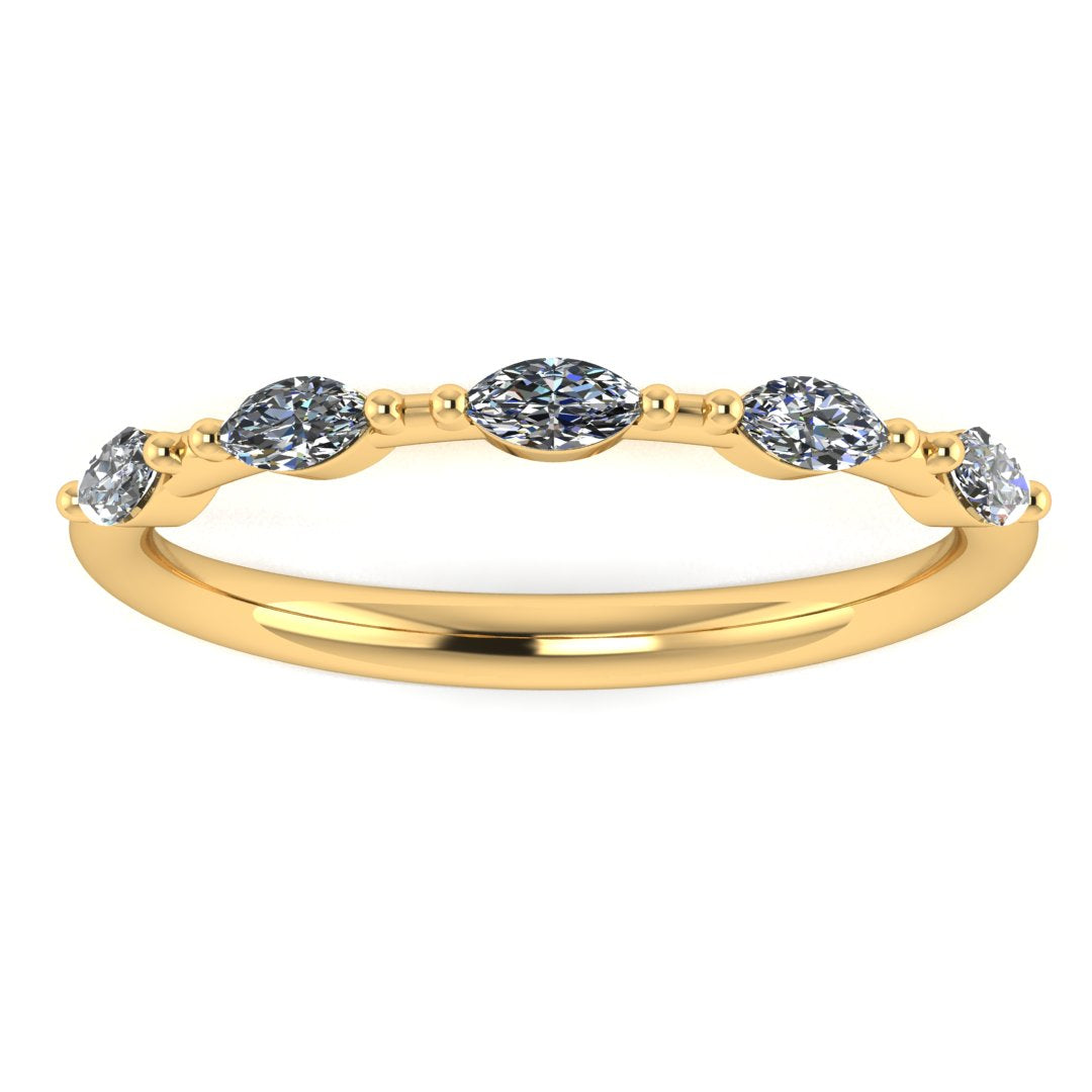 front view of a yellow gold station set wedding band with marquise lab grown diamonds
