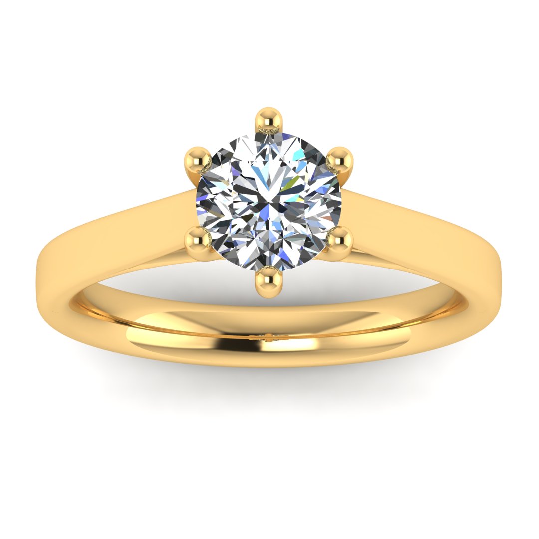 Front view of Chelsea lab grown round brilliant engagement 6 claw ring in cathedral setting in yellow gold