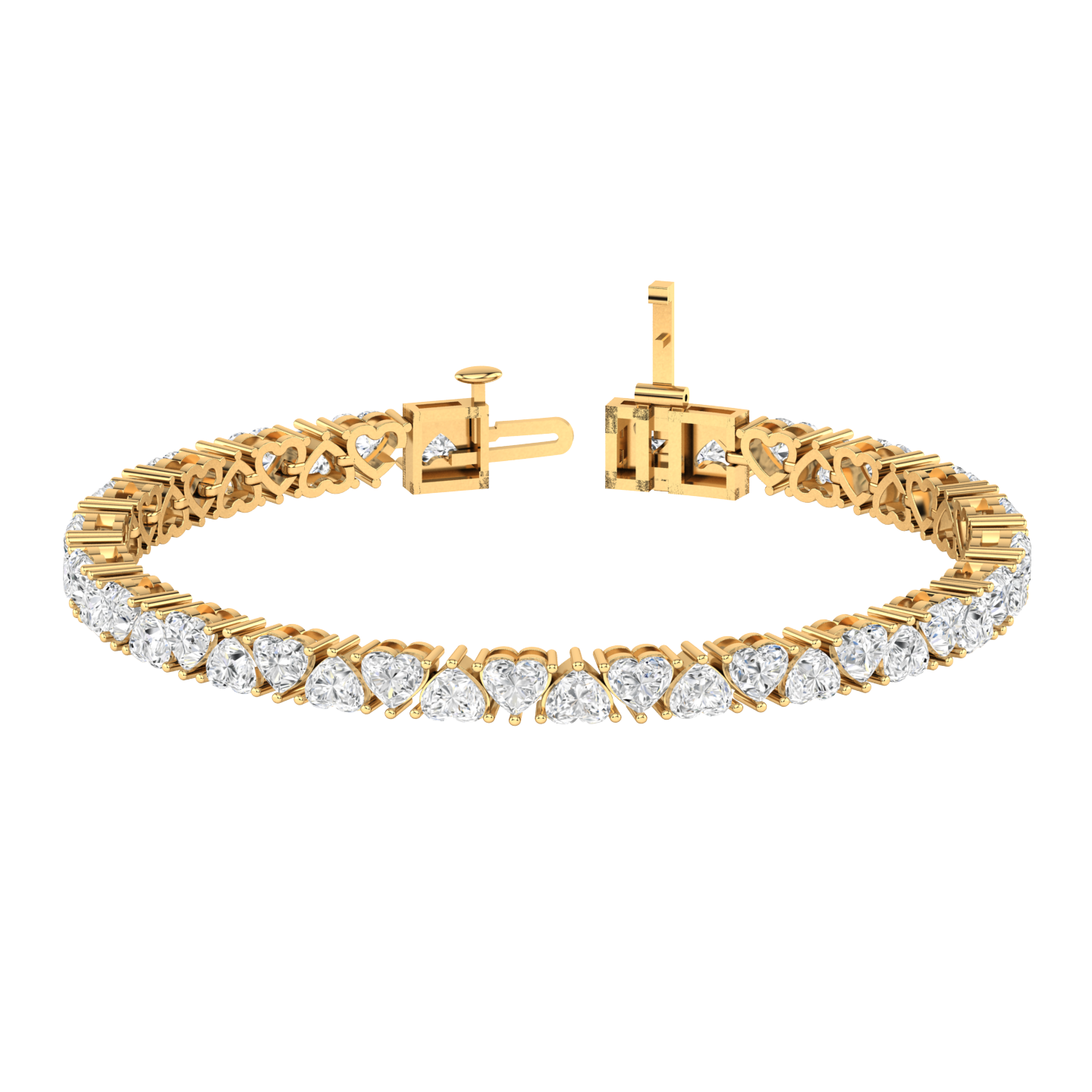 yellow gold tennis line bracelet with alternating heart shaped ethical & sustainable lab grown diamonds set using prongs
