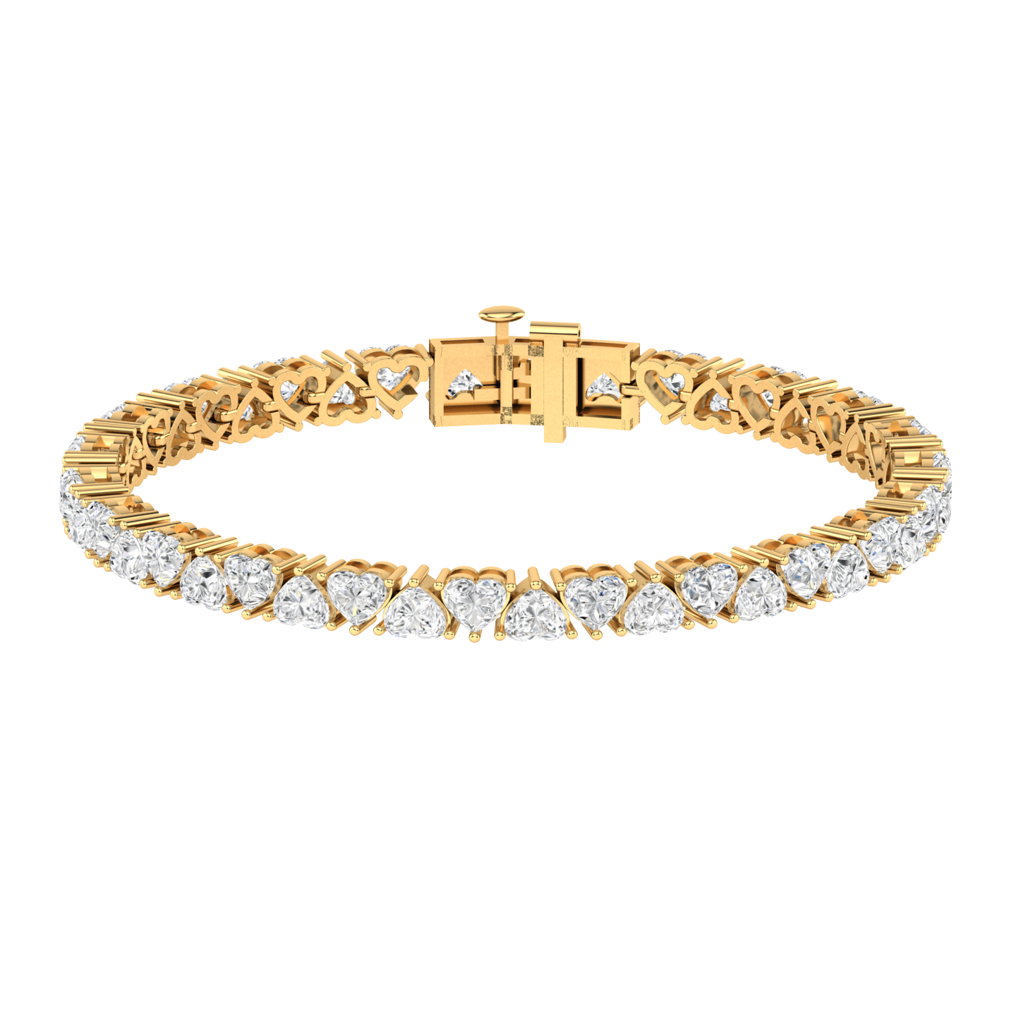 Yellow gold tennis bracelet with alternating heart shaped ethical & sustainable lab grown diamonds set using prongs