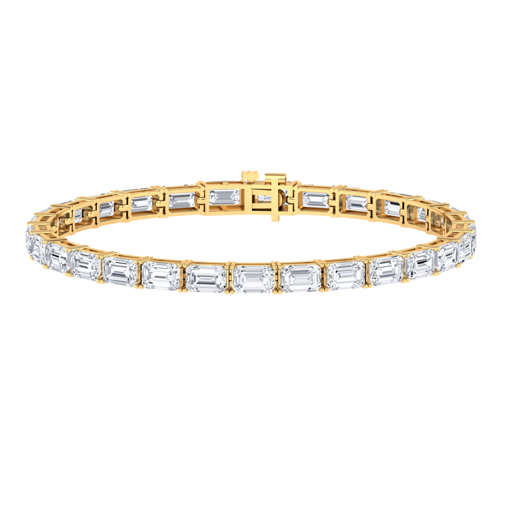 yellow gold tennis line bracelet with emerald cut ethical & sustainable lab grown diamonds set vertically using prongs