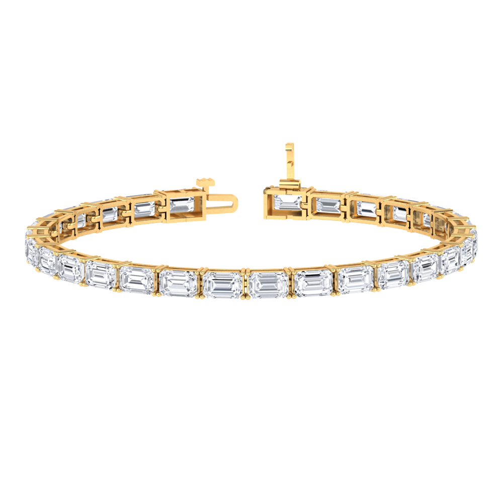 yellow gold tennis line bracelet with emerald cut ethical & sustainable lab grown diamonds set vertically using prongs