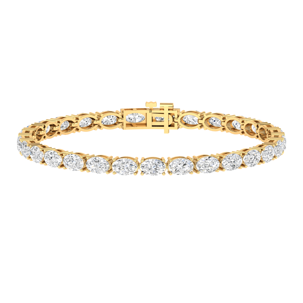 yellow gold tennis line bracelet with oval cut ethical & sustainable lab grown diamonds set horizontally using prongs