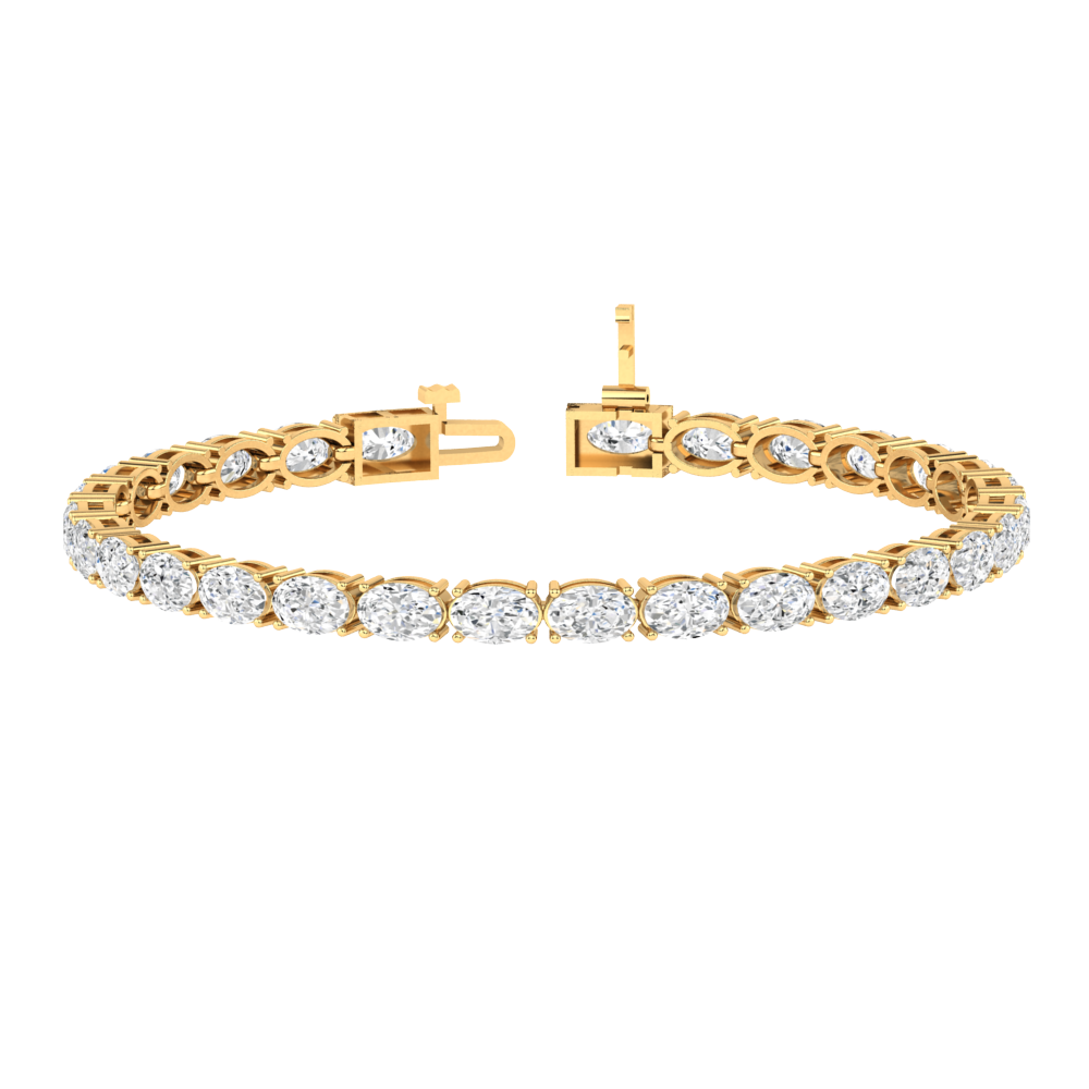 yellow gold tennis line bracelet with oval cut ethical & sustainable lab grown diamonds set horizontally using prongs