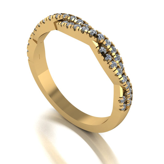 angled view of a twisted double yellow gold wedding band with round brilliant lab-grown diamonds