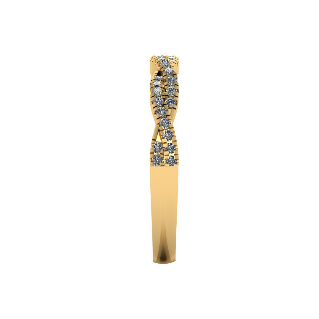 side view of a twisted double yellow gold wedding band with round brilliant lab-grown diamonds