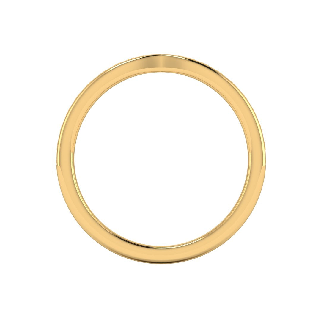 flat view of yellow gold tapered wedding band. Round lab-grown diamonds appear in a graduated setting starting from the middle and gradually increasing in size towards the edges