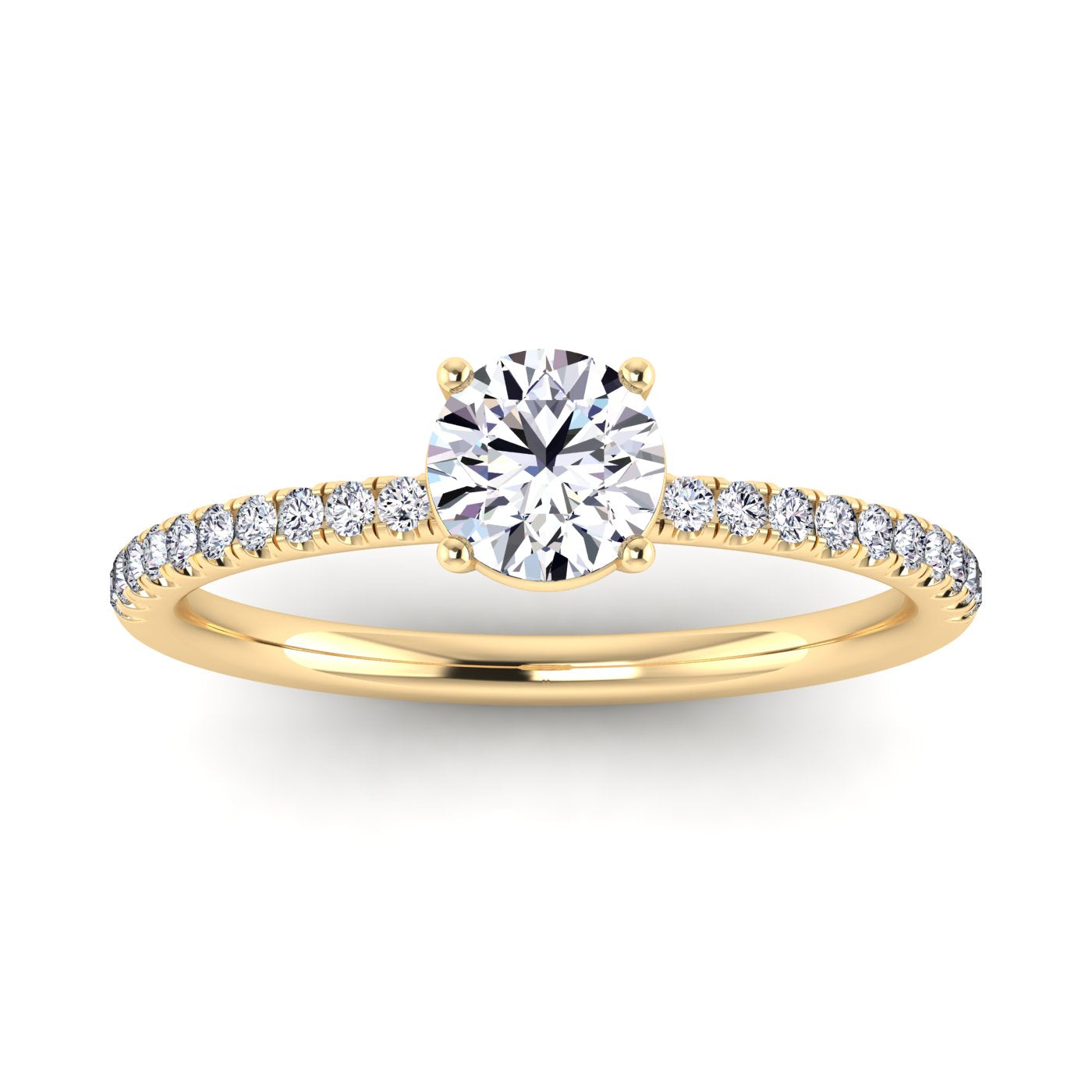 Front view of Isabella engagement in yellow gold with a round brilliant diamond in a floating setting with pavé-set side shoulder