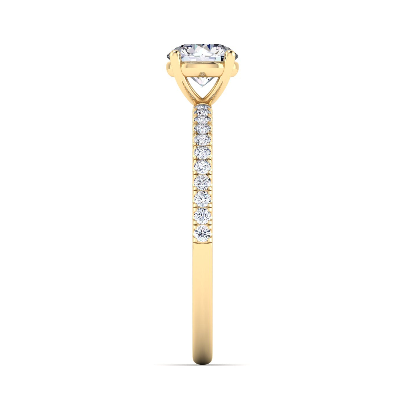 Side view of Isabella engagement in yellow gold with a round brilliant diamond in a floating setting with pavé-set side shoulder