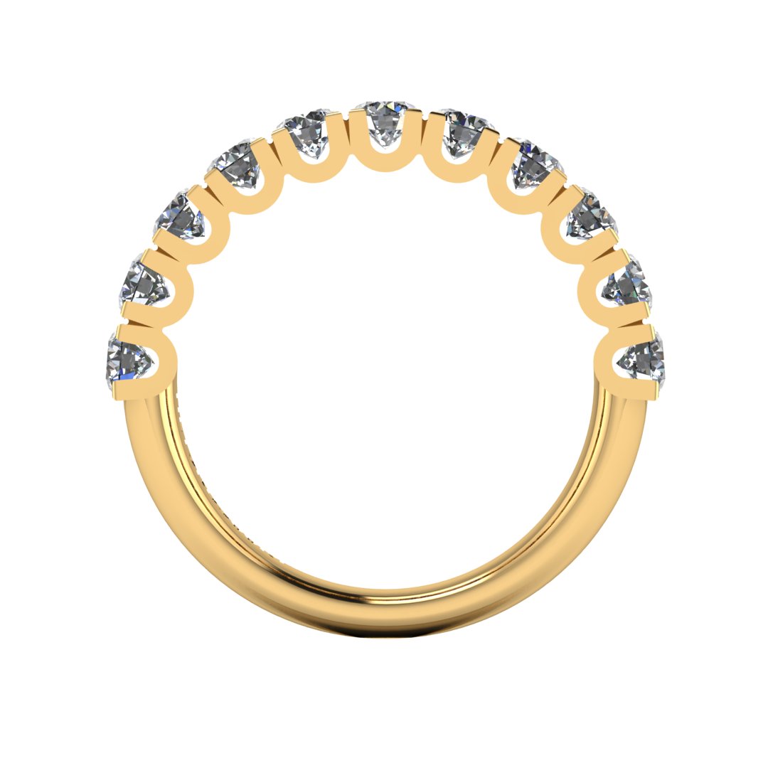 flat view of a yellow gold wedding band or half eternity ring which is scallop set with round brilliant lab-grown diamond