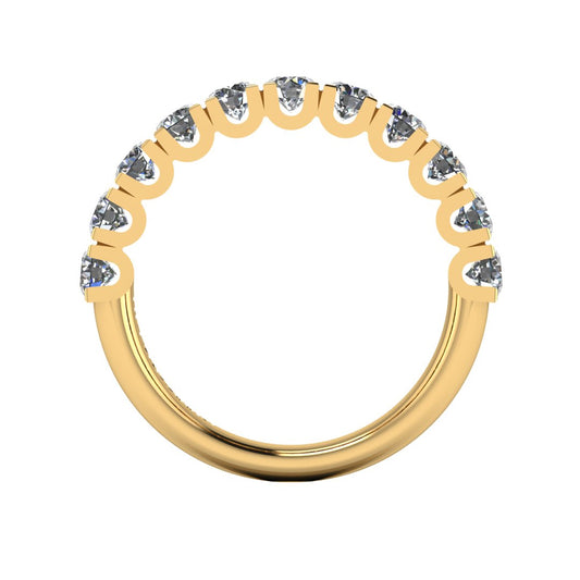 flat view of a yellow gold wedding band or half eternity ring which is scallop set with round brilliant lab-grown diamond