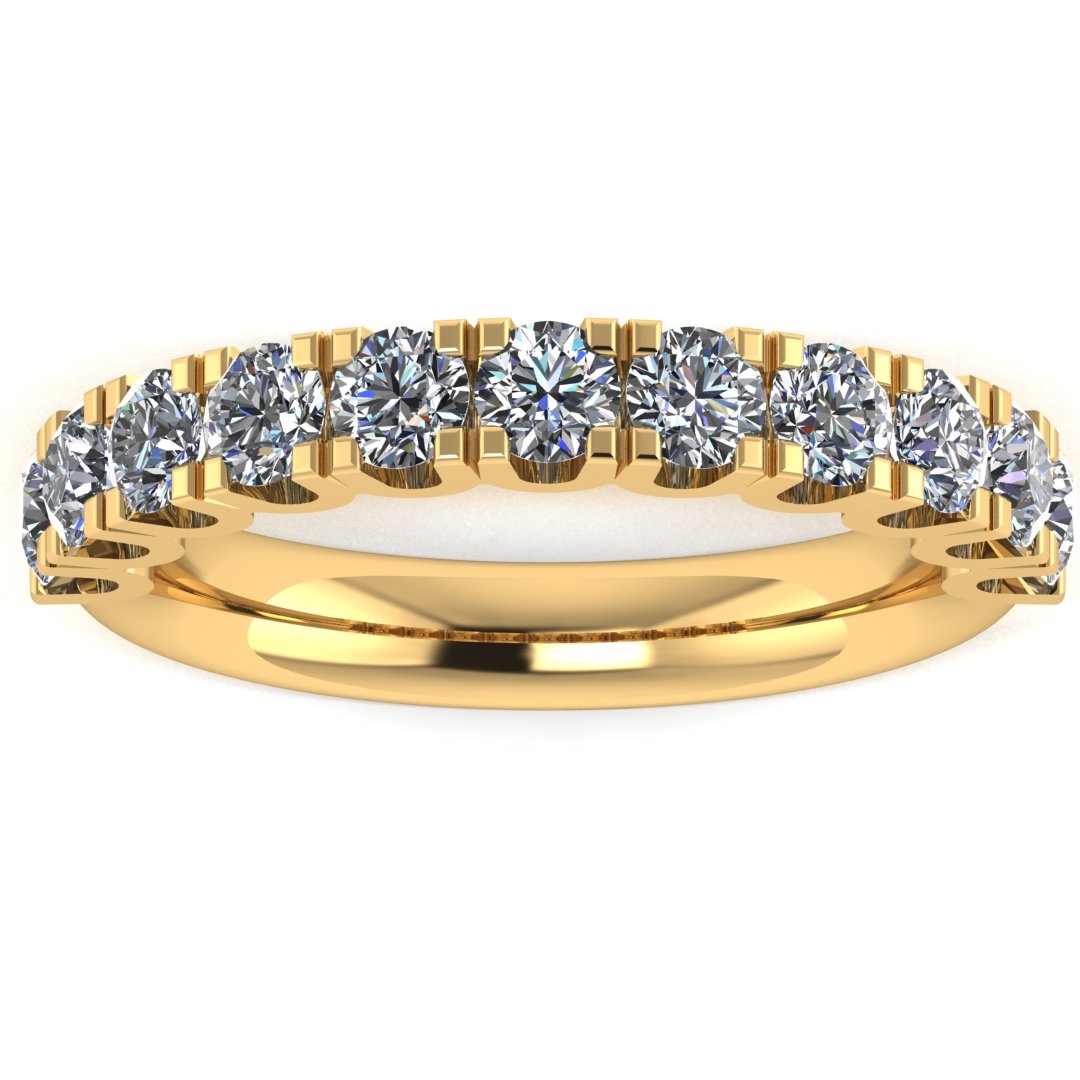 front view of a yellow gold wedding band or half eternity ring which is scallop set with round brilliant lab-grown diamond