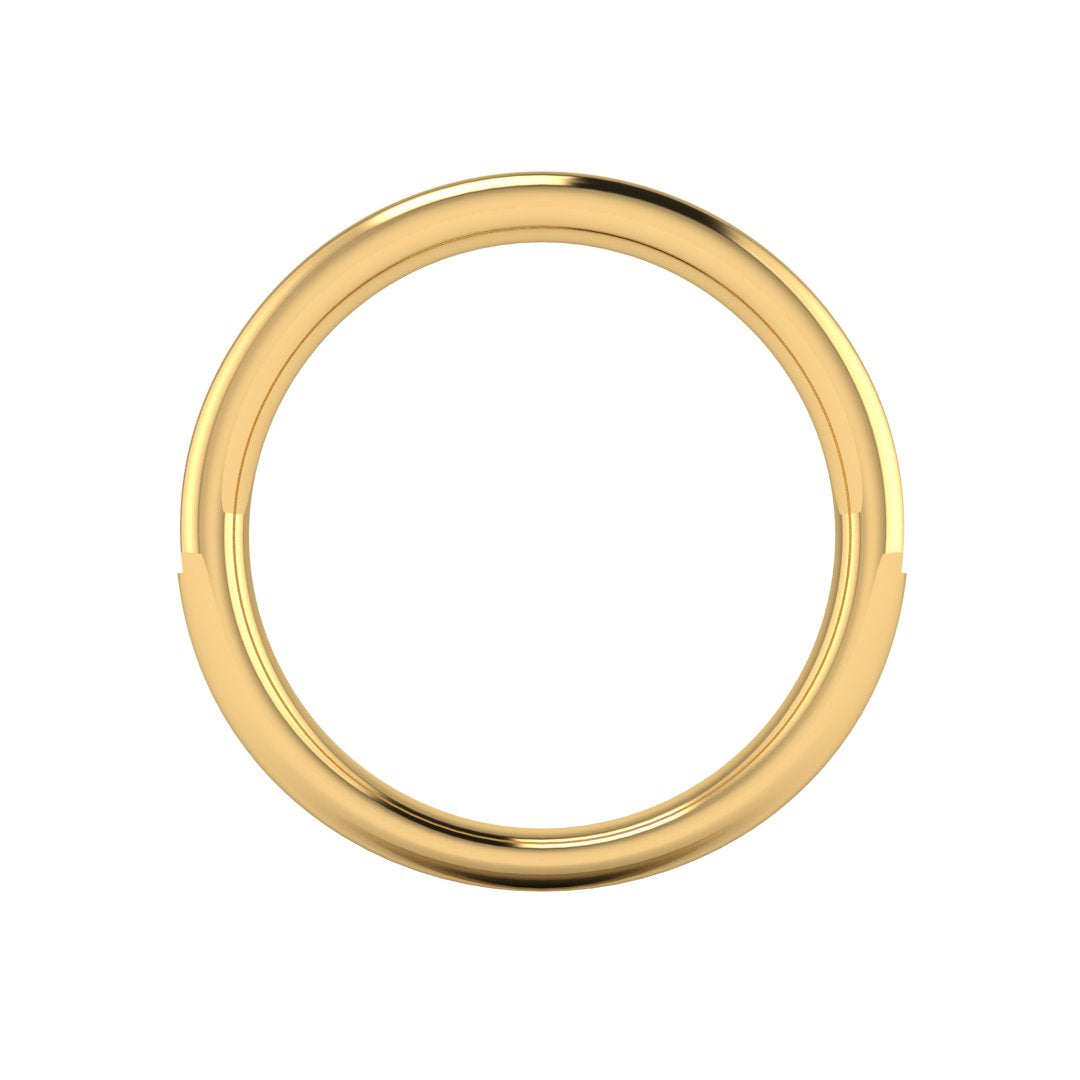 flat view of a yellow gold eternity ring or wedding band with round brilliant lab grown diamonds in a channel setting
