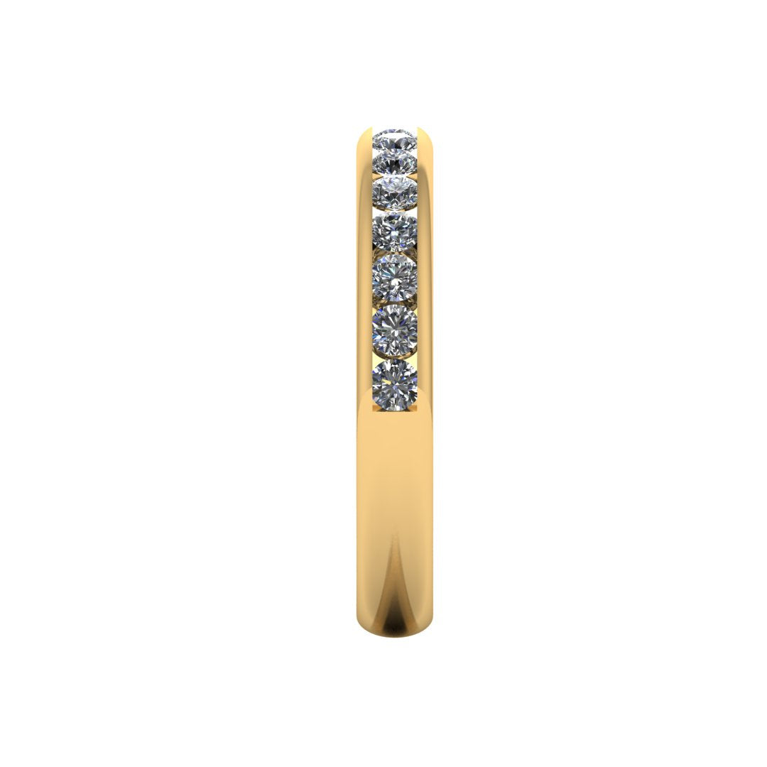 side view of a yellow gold eternity ring or wedding band with round brilliant lab grown diamonds in a channel setting