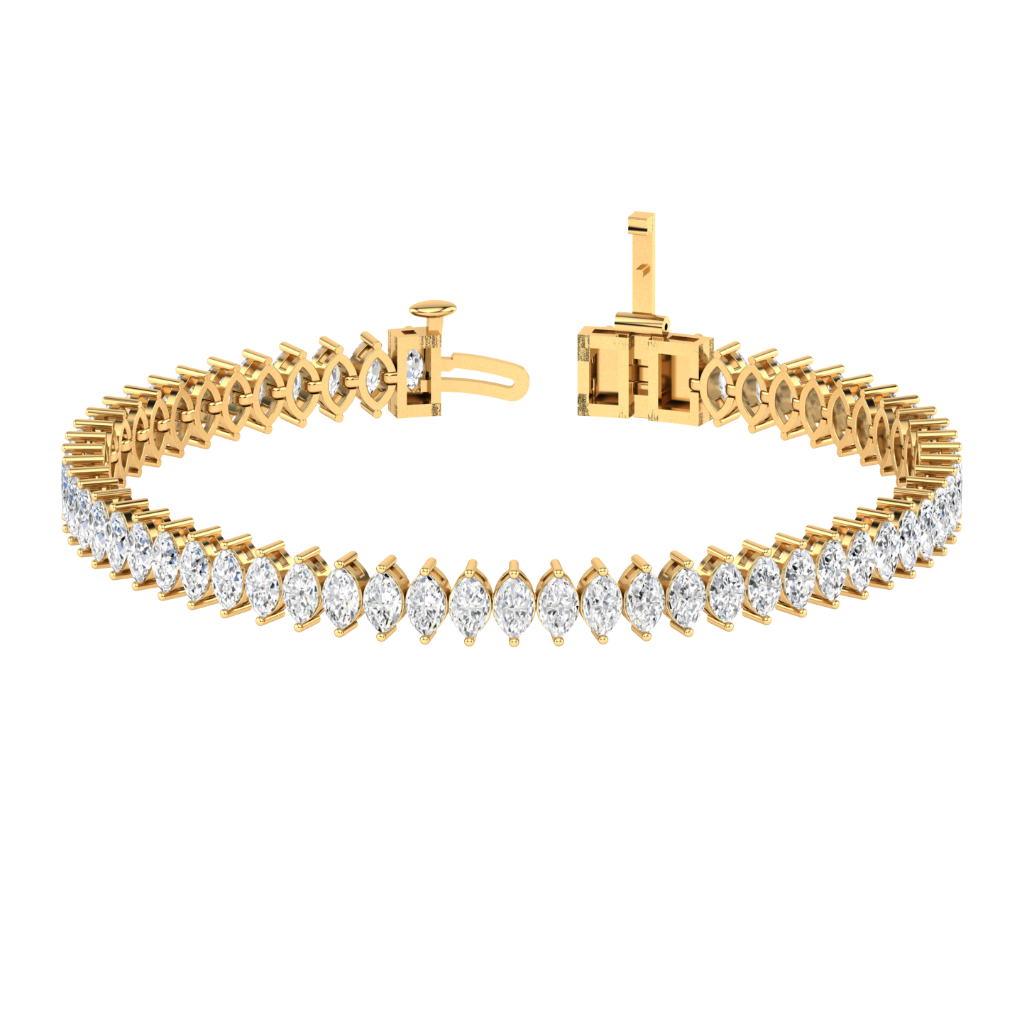yellow gold tennis line bracelet with marquise shaped ethical & sustainable lab grown diamonds set using prongs