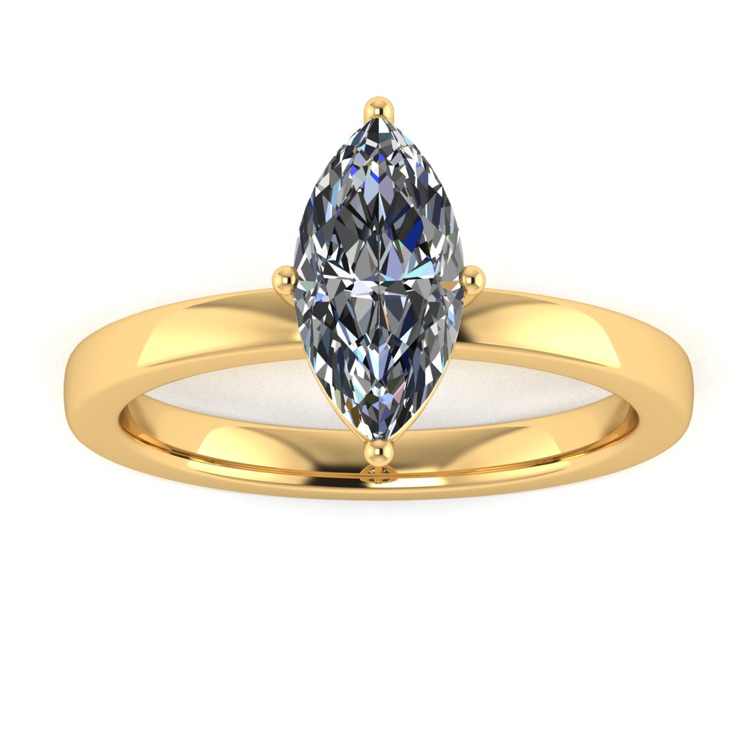 front view of a yellow gold lab grown marquise diamond engagement ring. It is a single solitaire ring with a floating setting