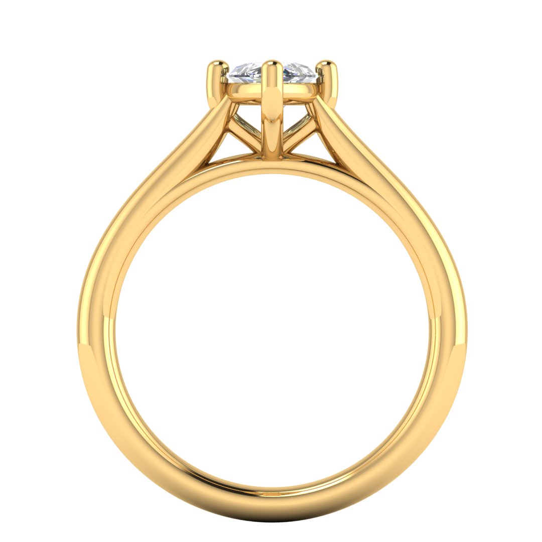flat view of yellow gold single solitaire engagement ring with a marquise cut lab grown ethical and sustainable diamond in a cathedral setting