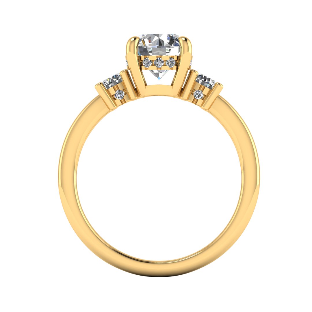 Flat view of yellow gold trilogy engagement ring with three round brilliant lab grown diamond