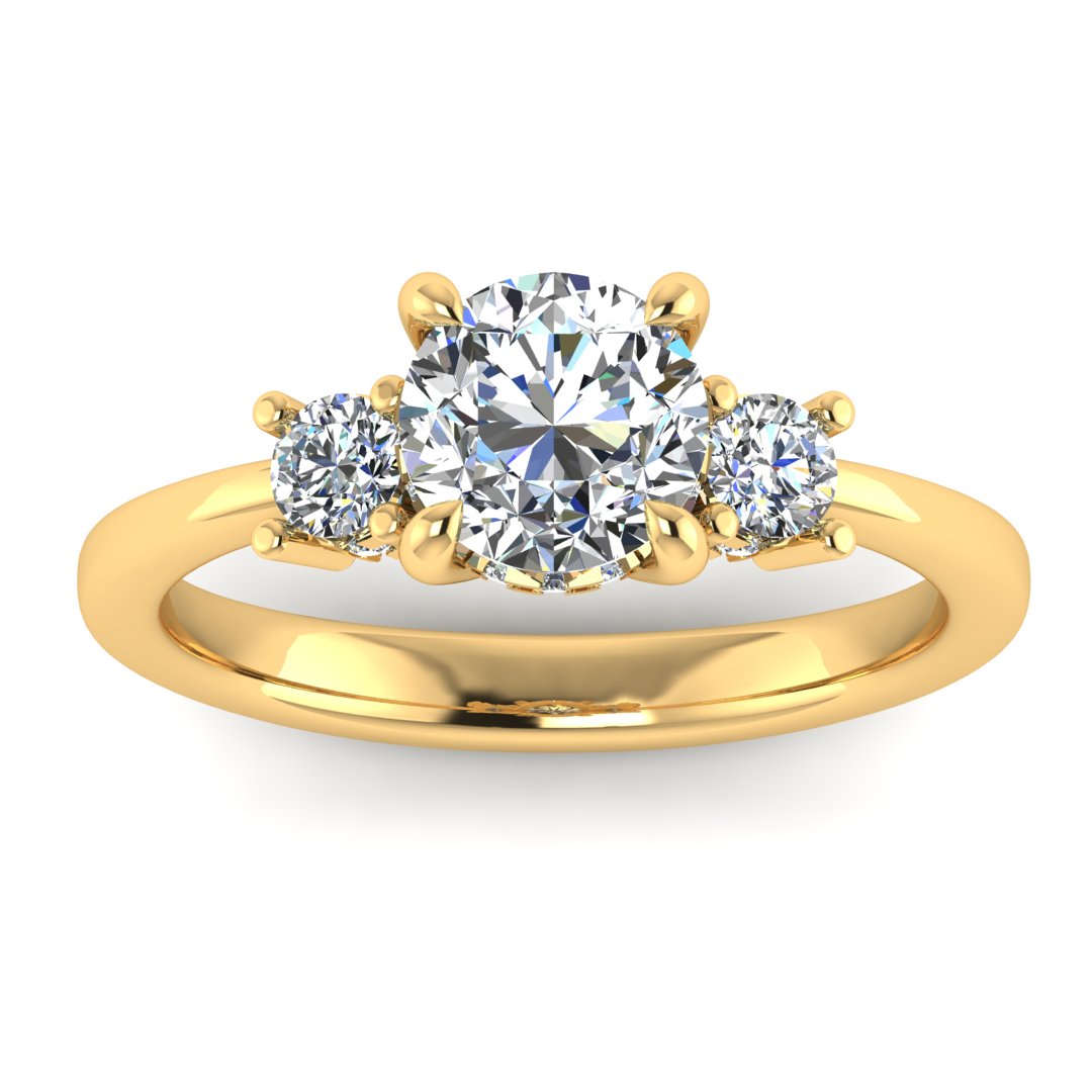Front view of yellow gold trilogy engagement ring with three round brilliant lab grown diamond