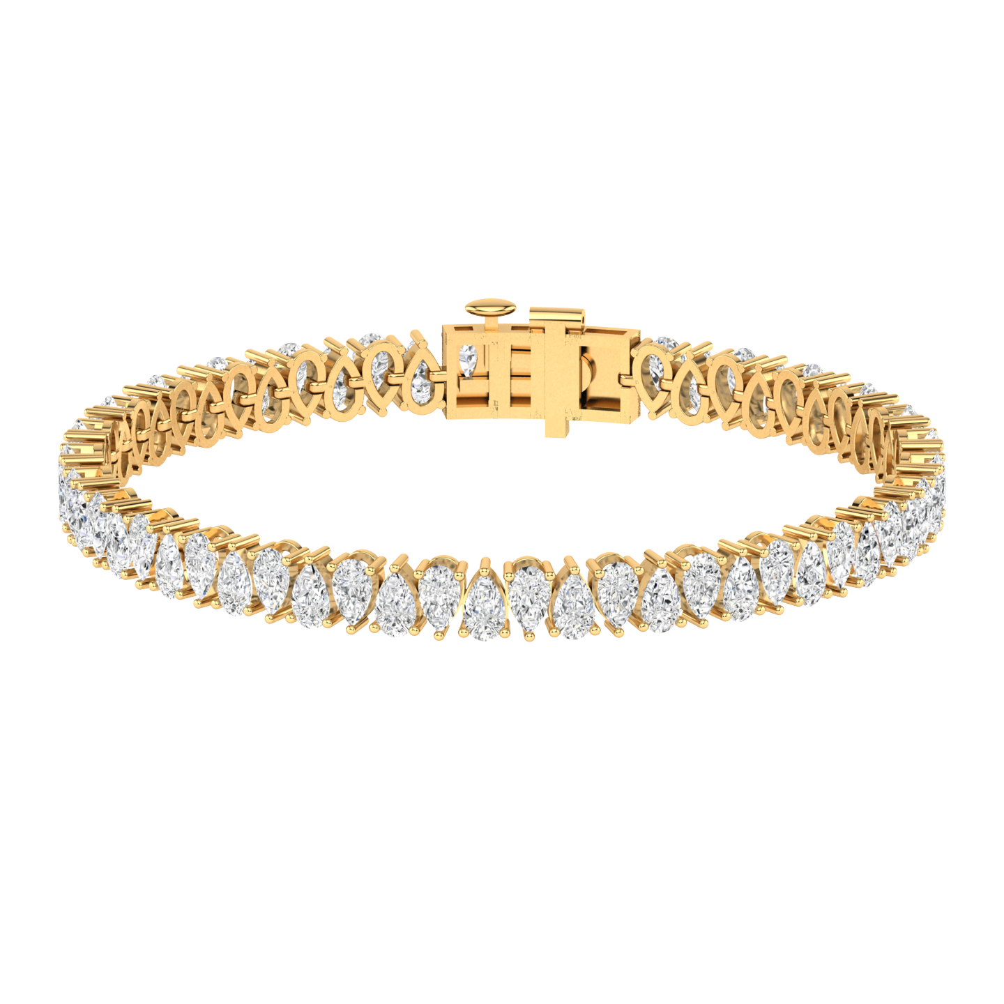yellow gold tennis line bracelet with alternating pear cut shaped ethical & sustainable lab grown diamonds set using prongs