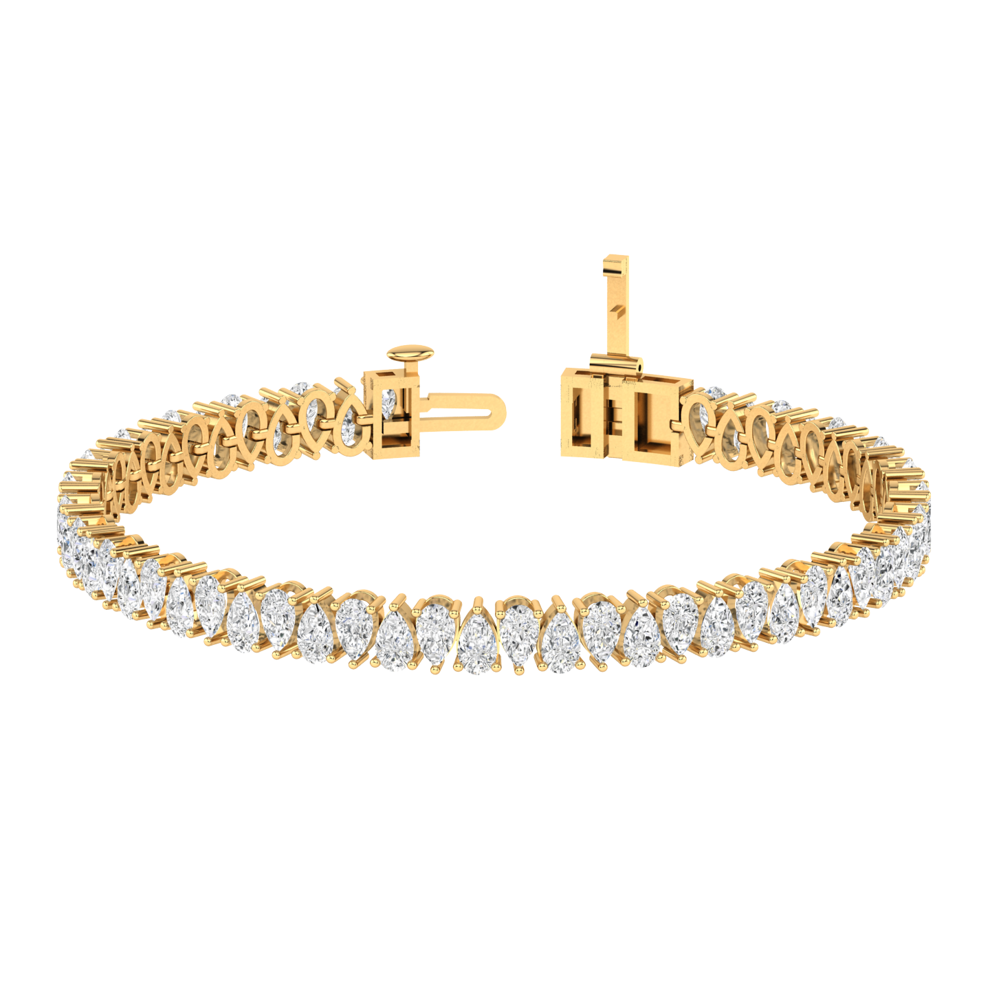yellow gold tennis line bracelet with alternating pear cut shaped ethical & sustainable lab grown diamonds set using prongs