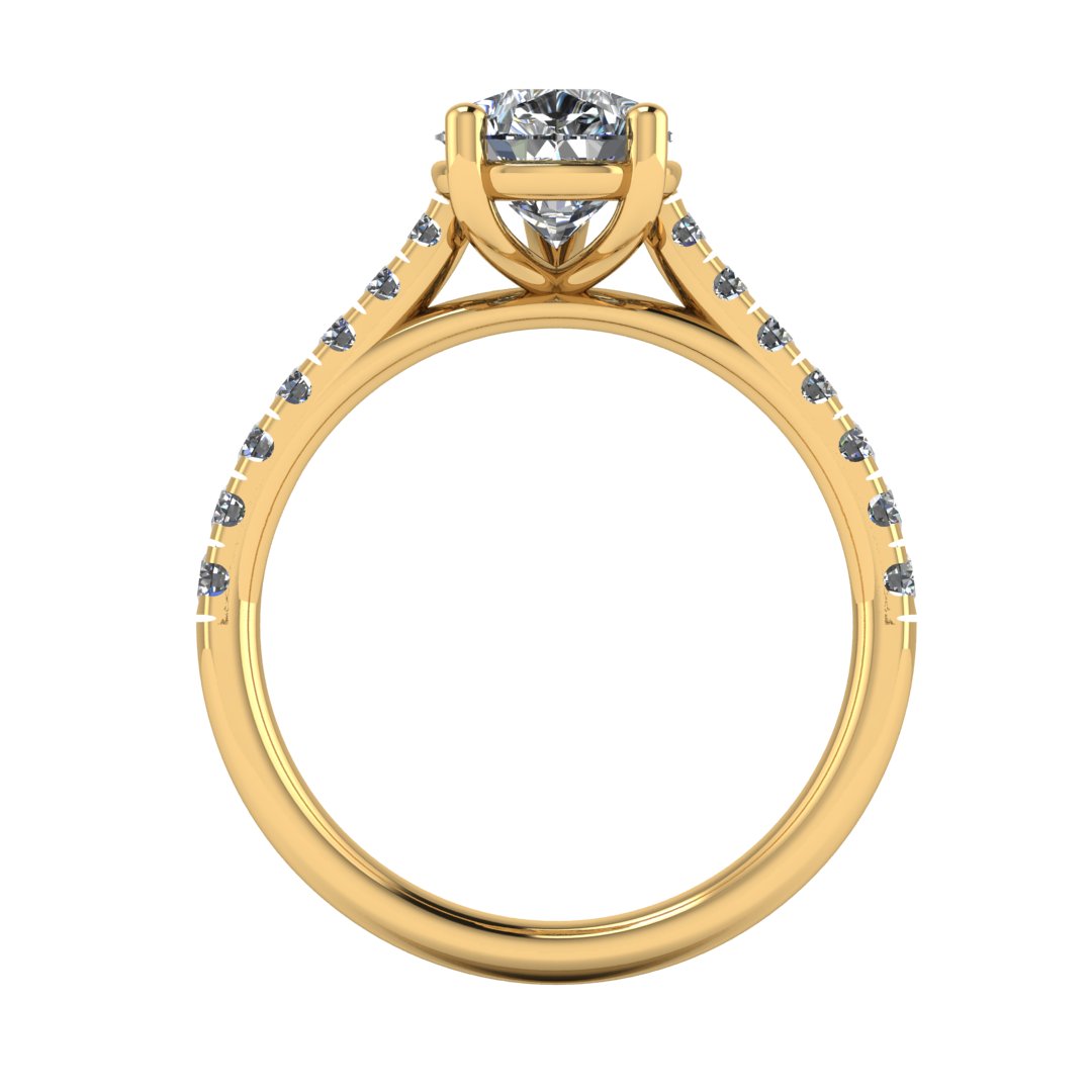 flat view of yellow gold pavé engagement ring with a pear shaped centre lab grown diamond and microset diamond shoulder