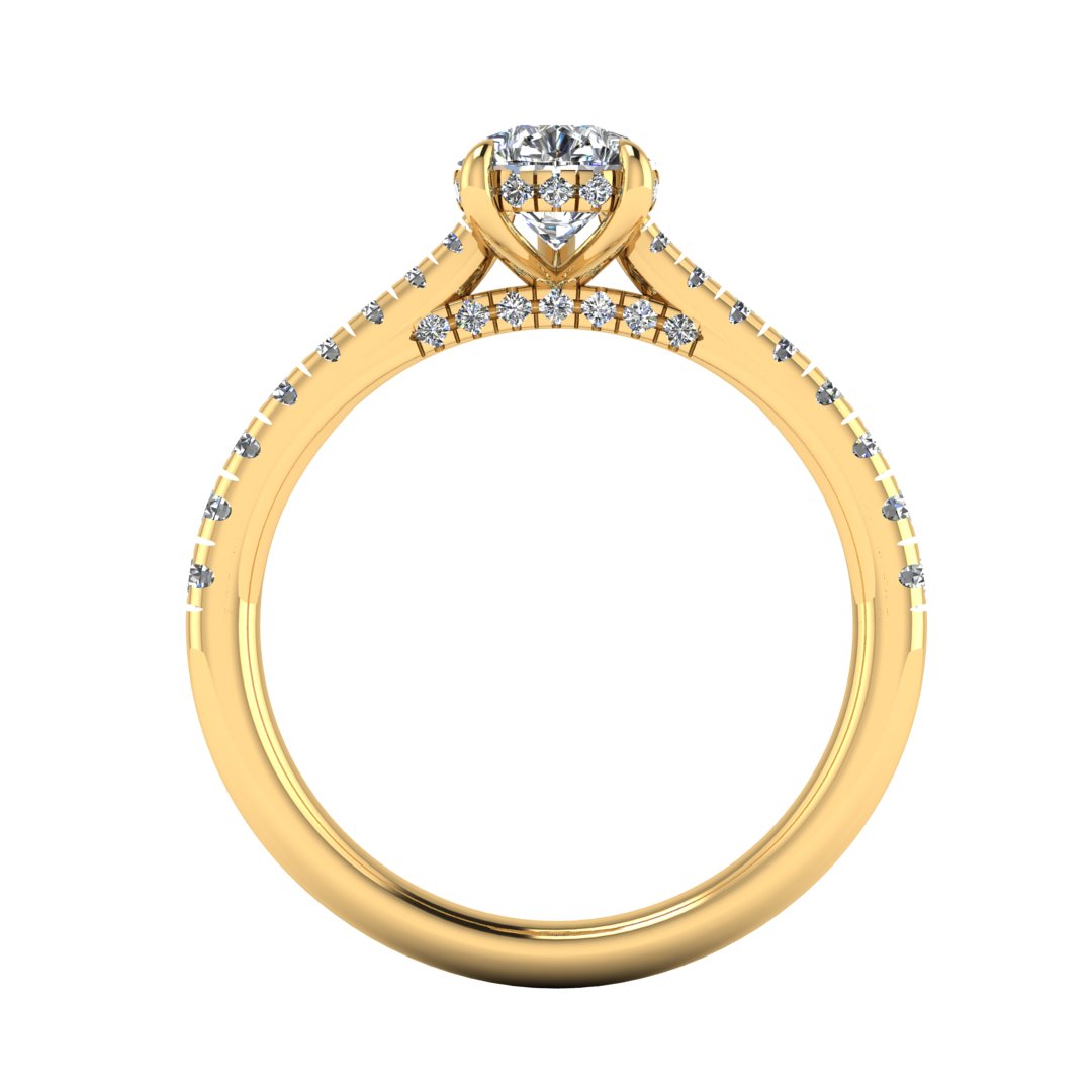 flat view of a yellow gold engagement ring, there is a pear cut centre lab grown diamond which has a hidden under halo and pavé-set diamond shoulders