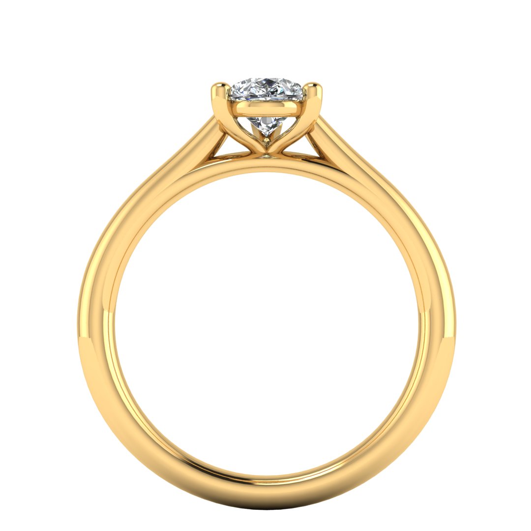 flat view of yellow gold engagement ring with a pear cut lab grown diamond which is ethical and sustainable