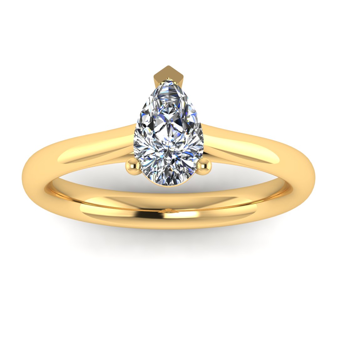 front view of yellow gold engagement ring with a pear cut lab grown diamond which is ethical and sustainable