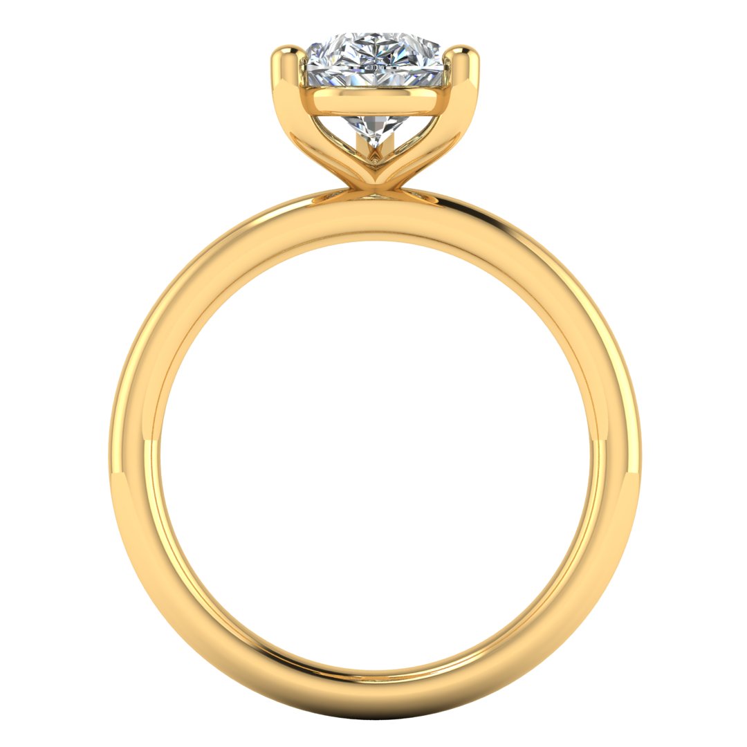 flat view of a yellow gold engagement ring with a pear cut lab grown ethical and sustainable diamond